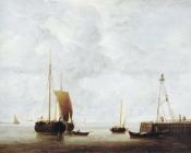 A Dutch Hoeker at Anchor near a Pier - 小威廉·凡·德·维尔德
